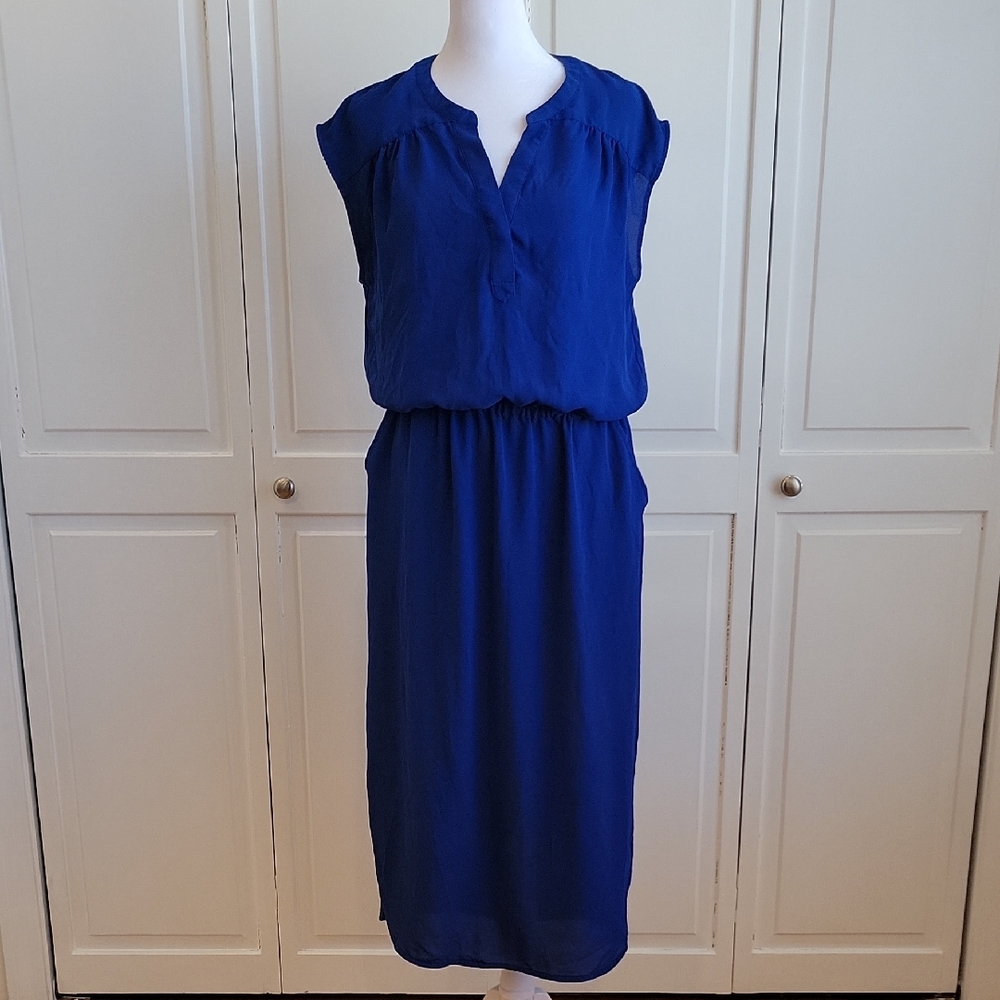 Cap-Sleeve Royal Blue Midi Dress with Elastic Waist